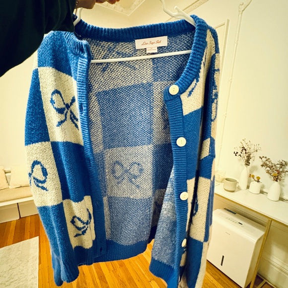 NWOT: Lisa Says Gah Blue and Cream Checkered Cardigan - Picture 2 of 14